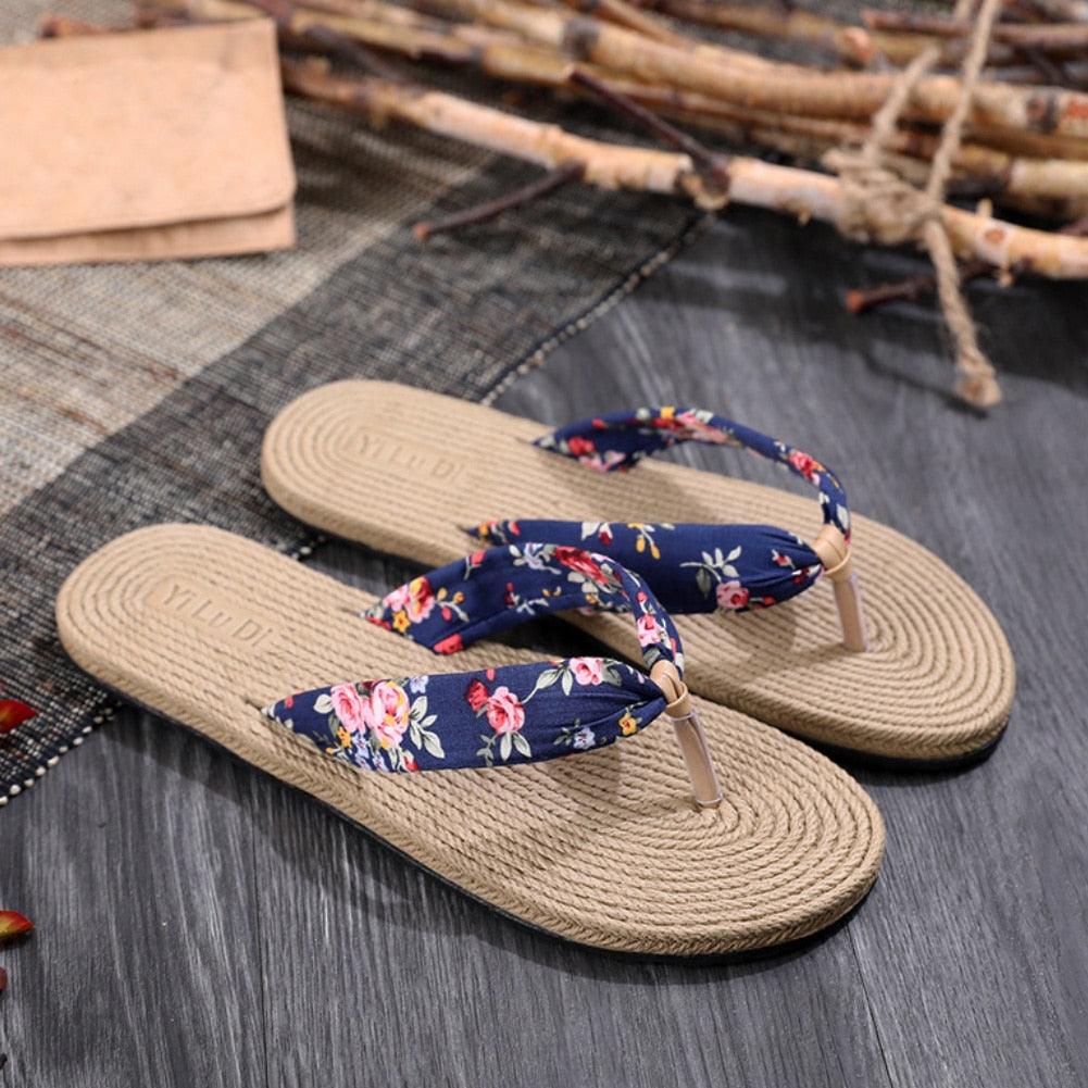 Floral Hemp Rope Flip Flops Breathable Flax Summer Beach Sandals