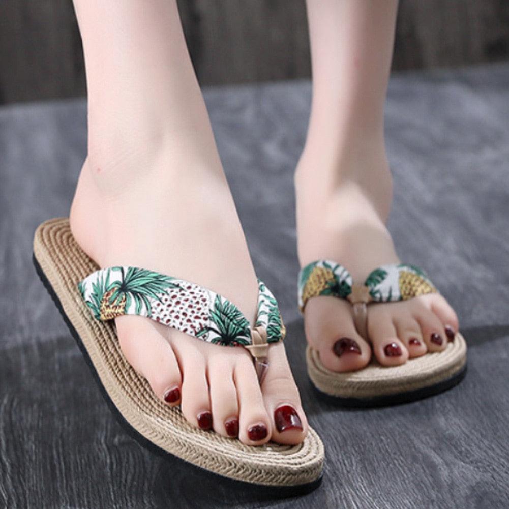 Floral Hemp Rope Flip Flops Breathable Flax Summer Beach Sandals
