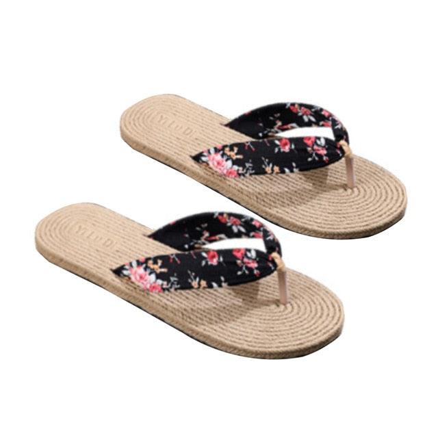 Floral Hemp Rope Flip Flops Breathable Flax Summer Beach Sandals