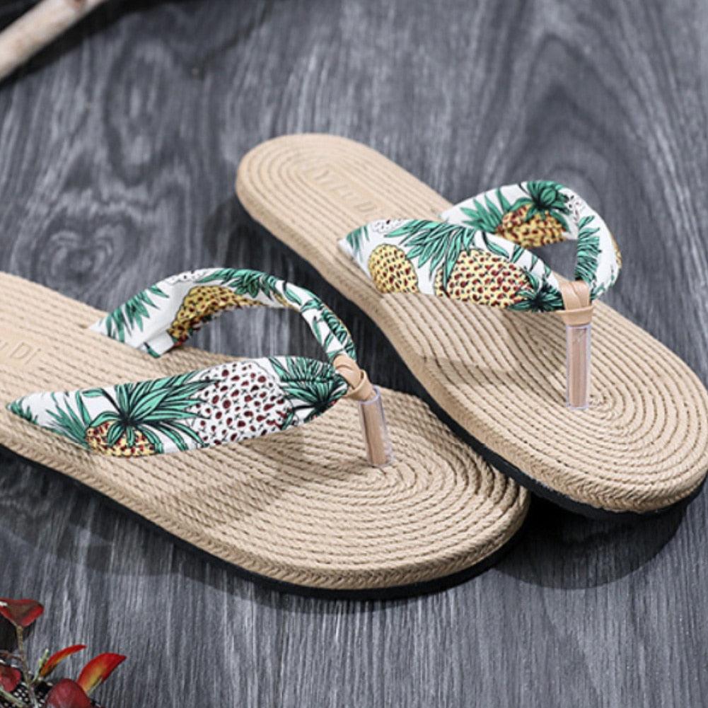 Floral Hemp Rope Flip Flops Breathable Flax Summer Beach Sandals