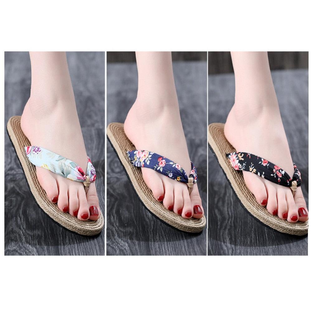Floral Hemp Rope Flip Flops Breathable Flax Summer Beach Sandals