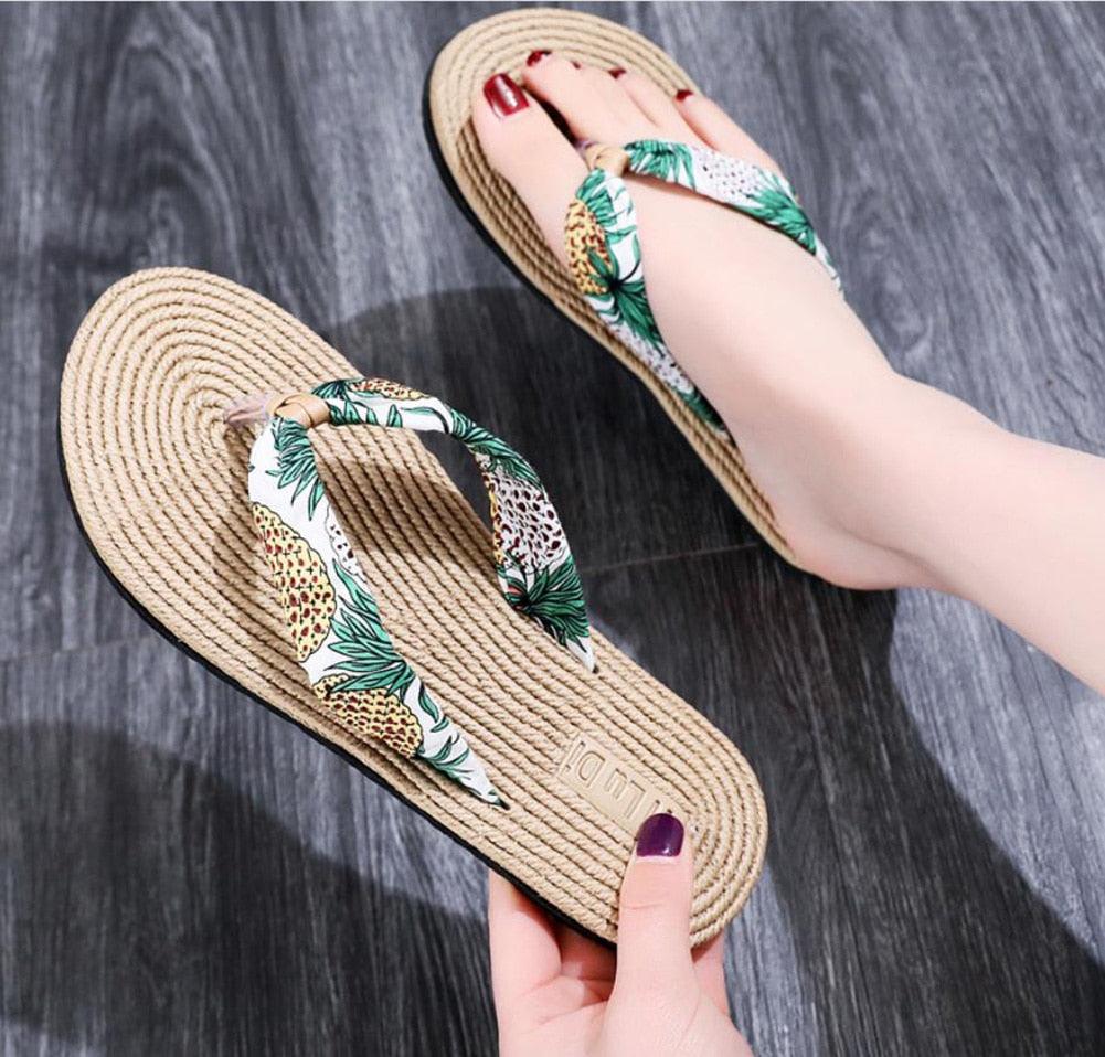 Floral Hemp Rope Flip Flops Breathable Flax Summer Beach Sandals