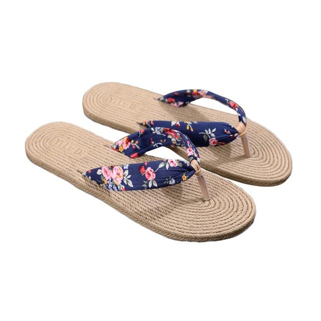 Floral Hemp Rope Flip Flops Breathable Flax Summer Beach Sandals