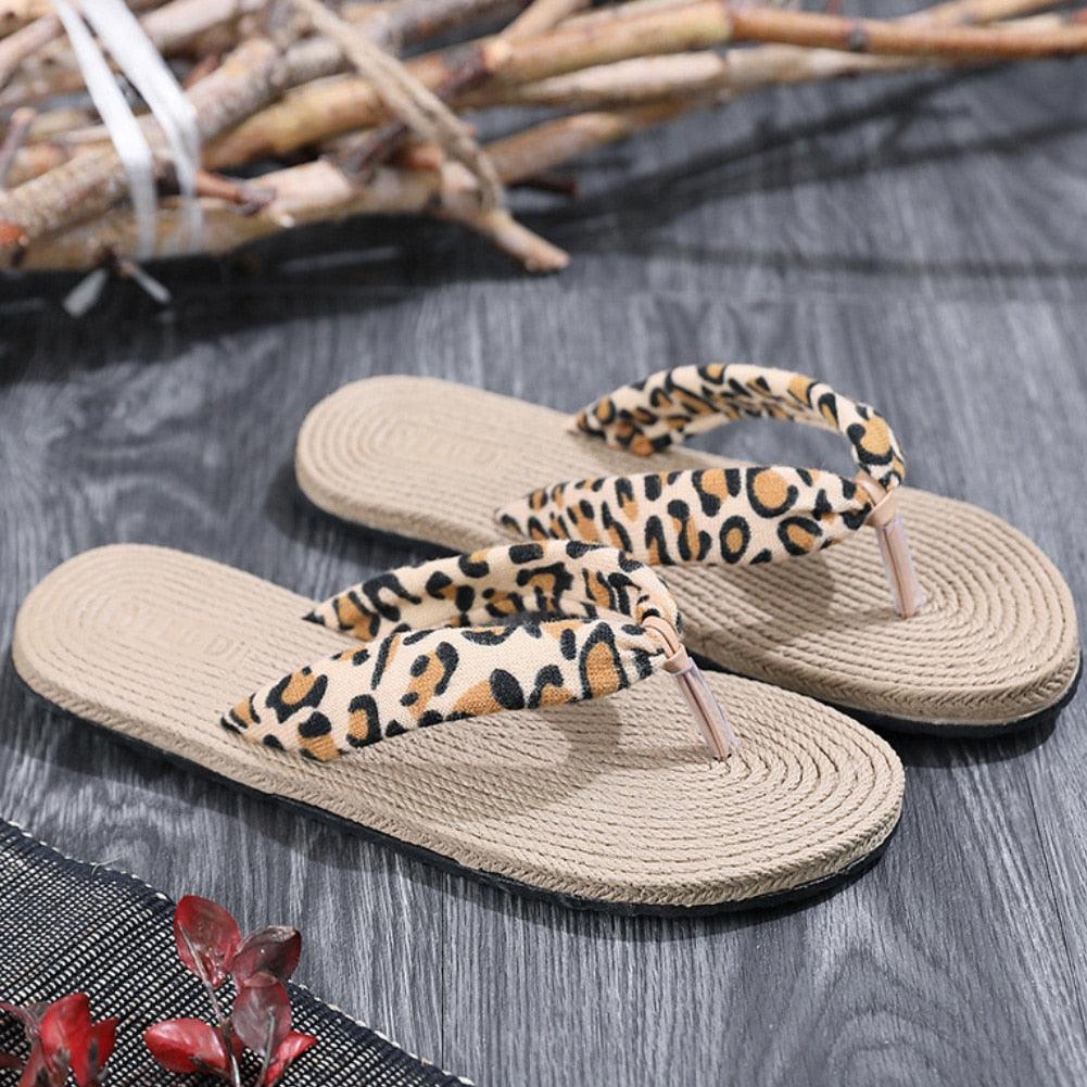 Floral Hemp Rope Flip Flops Breathable Flax Summer Beach Sandals