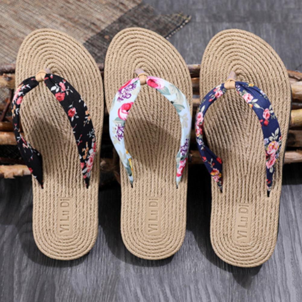 Floral Hemp Rope Flip Flops Breathable Flax Summer Beach Sandals