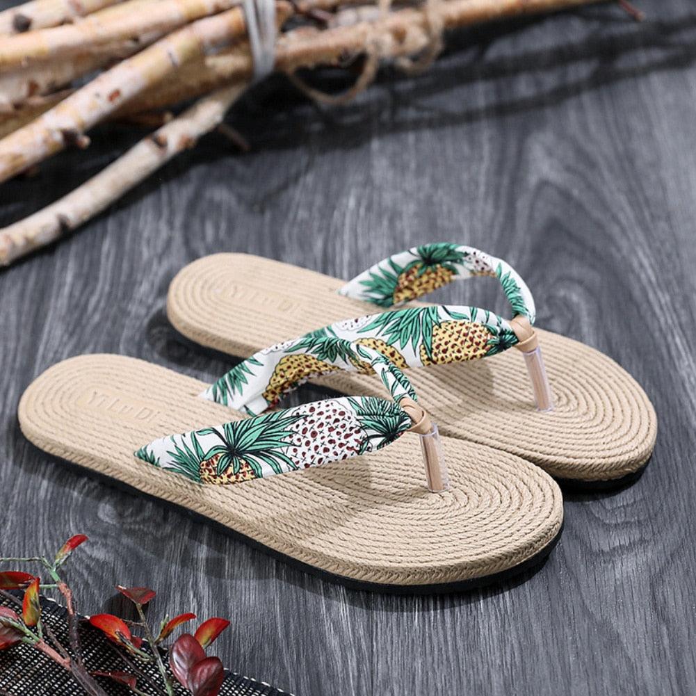 Floral Hemp Rope Flip Flops Breathable Flax Summer Beach Sandals