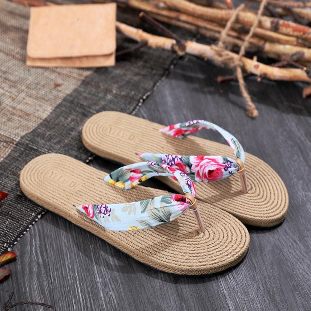 Floral Hemp Rope Flip Flops Breathable Flax Summer Beach Sandals