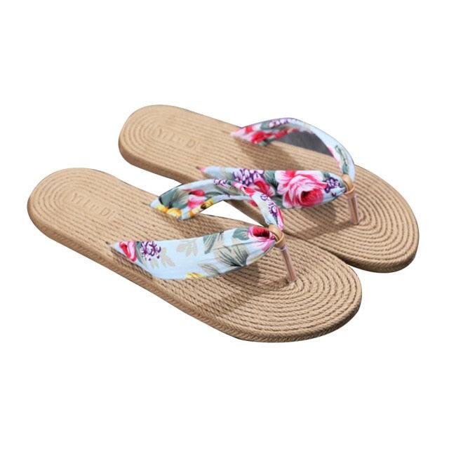 Floral Hemp Rope Flip Flops Breathable Flax Summer Beach Sandals