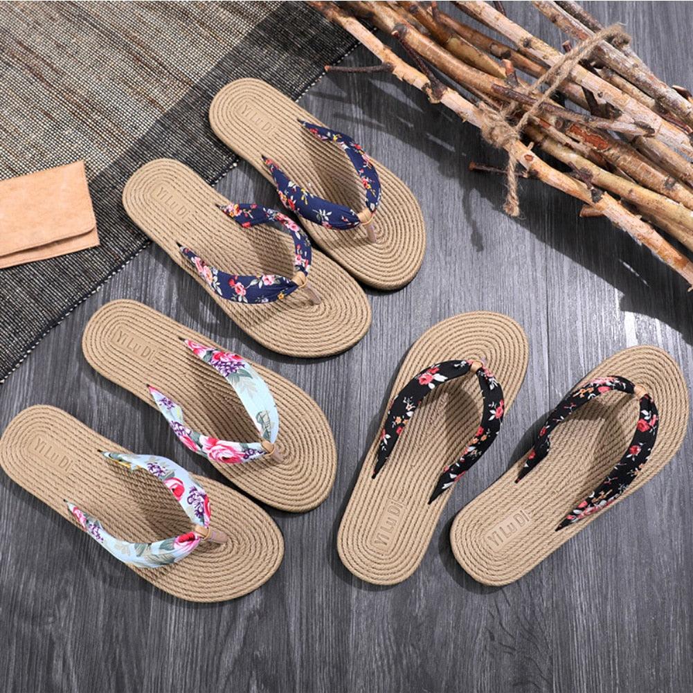 Floral Hemp Rope Flip Flops Breathable Flax Summer Beach Sandals