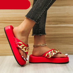 Women's Chain Detail Platform Slide Sandals Comfortable Summer Shoes