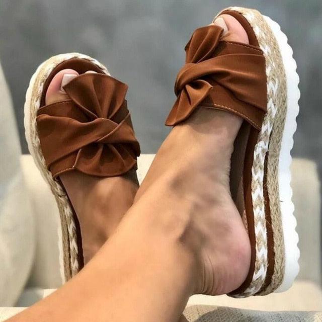 Knotted Bow Platform Slides Open Toe Summer Beach Sandals