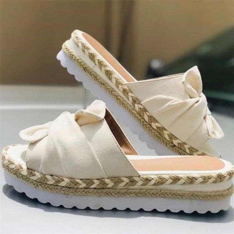 Knotted Bow Platform Slides Open Toe Summer Beach Sandals