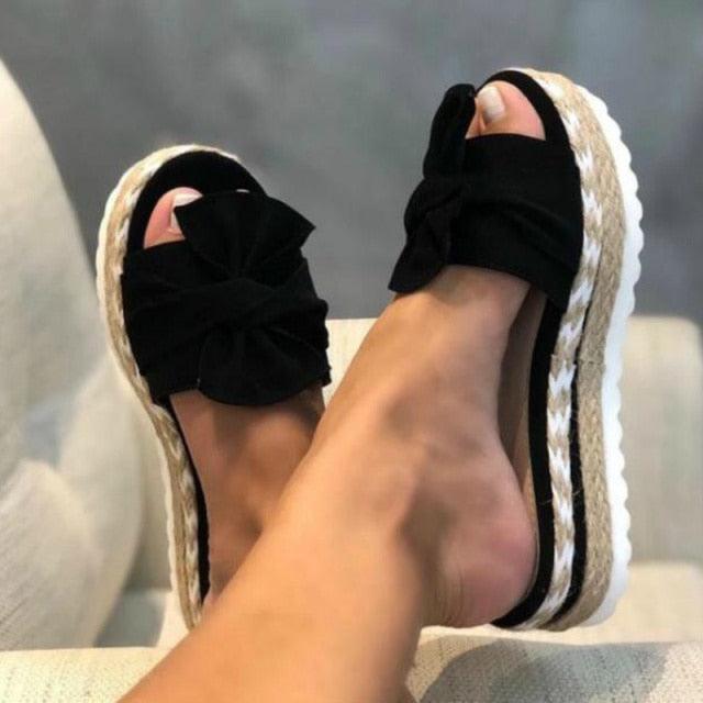 Knotted Bow Platform Slides Open Toe Summer Beach Sandals