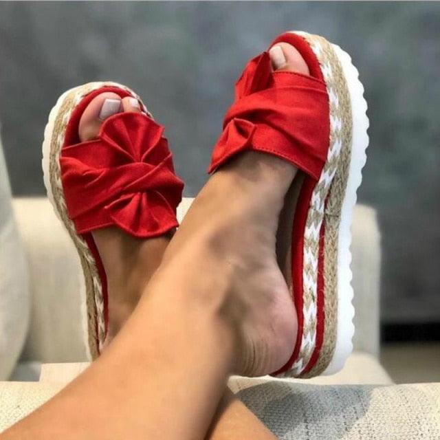 Knotted Bow Platform Slides Open Toe Summer Beach Sandals