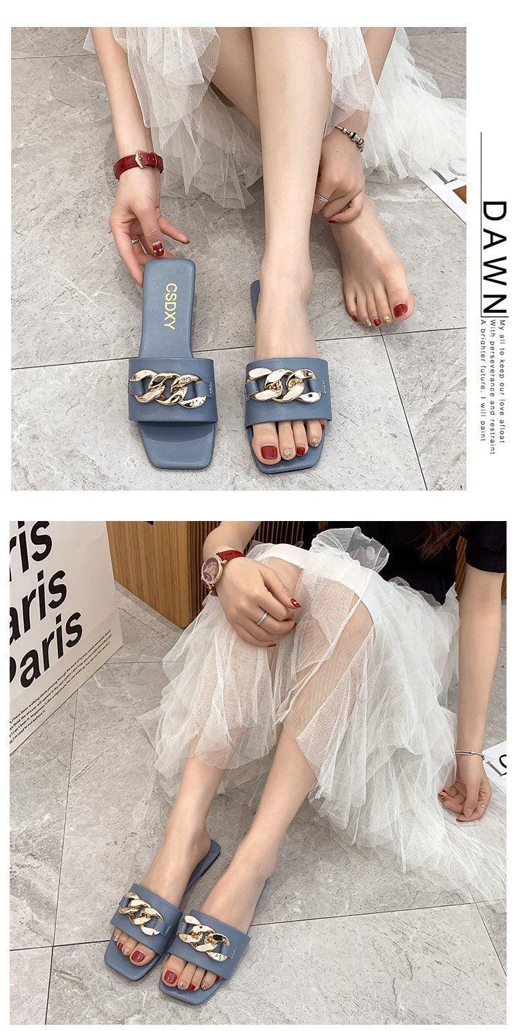 Square Toe Chain Slide Sandals Women’s Flat Slip On Beach Mules