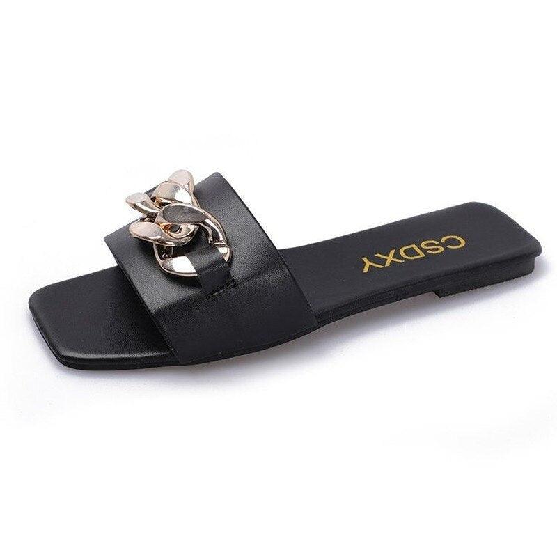 Women's square toe slide sandals with gold chain detail in high-quality PU leather