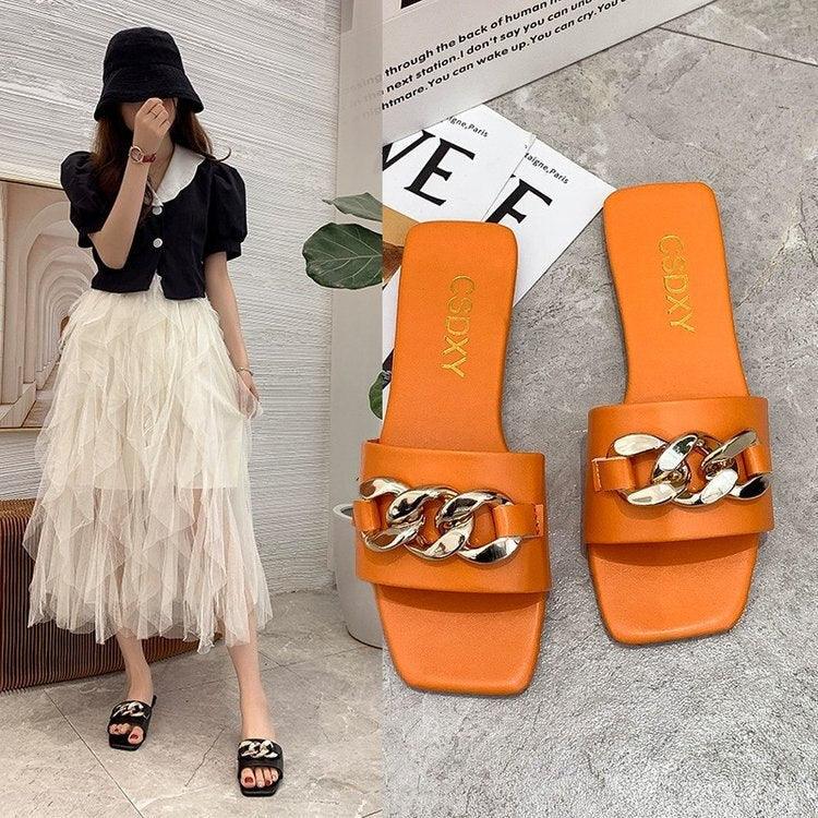 Square Toe Chain Slide Sandals Women’s Flat Slip On Beach Mules
