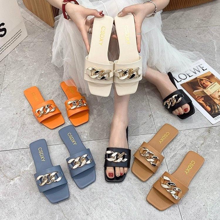 Square Toe Chain Slide Sandals Women’s Flat Slip On Beach Mules