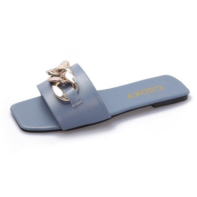 Square Toe Chain Slide Sandals Women’s Flat Slip On Beach Mules