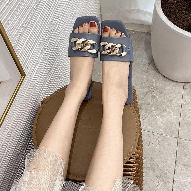 Square Toe Chain Slide Sandals Women’s Flat Slip On Beach Mules