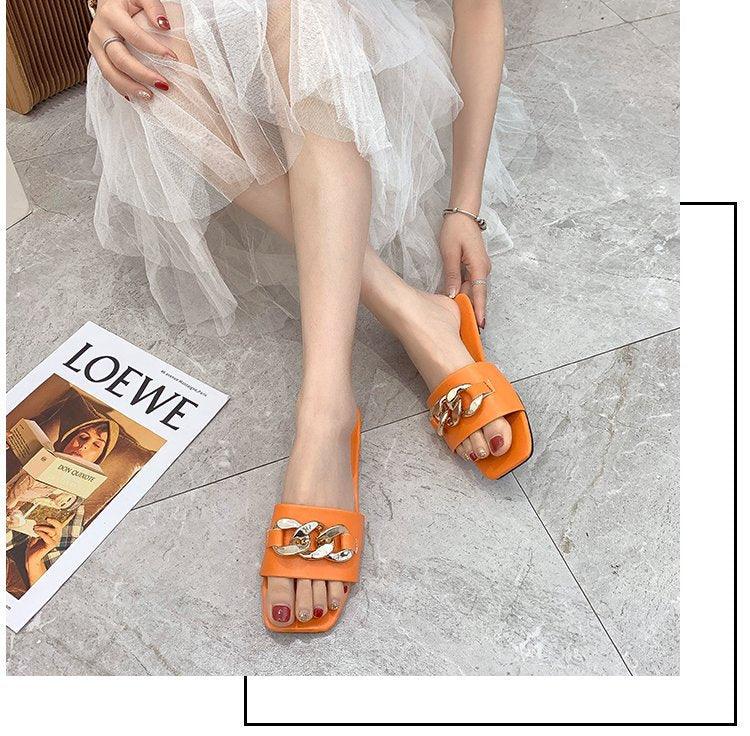 Square Toe Chain Slide Sandals Women’s Flat Slip On Beach Mules
