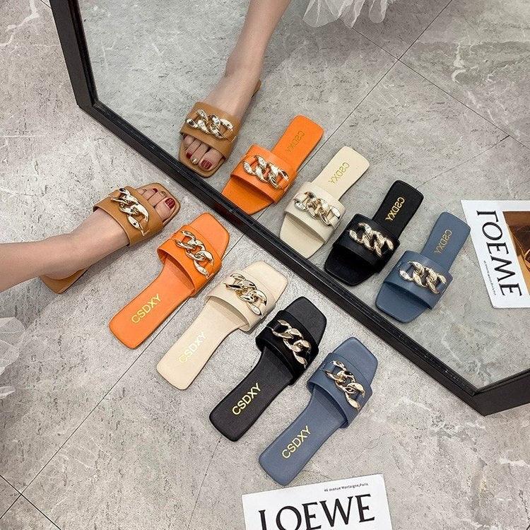 Square Toe Chain Slide Sandals Women’s Flat Slip On Beach Mules