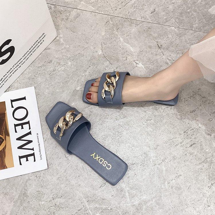 Square Toe Chain Slide Sandals Women’s Flat Slip On Beach Mules