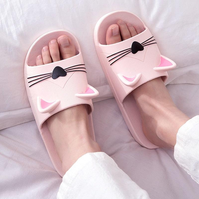 Kawaii style women's cat-themed platform slide sandals in pink and lavender