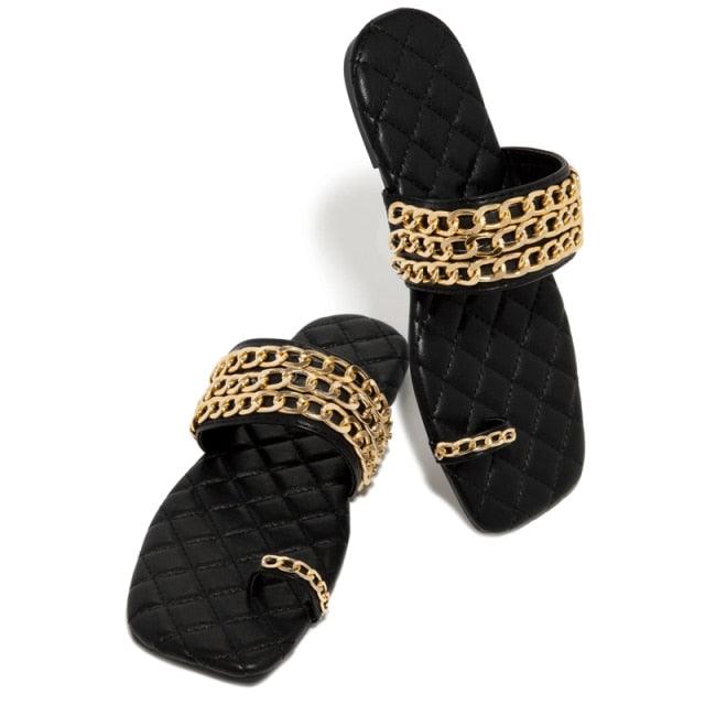 Women’s Summer Weave Chain Slide Sandals Square Heel Flip Flops