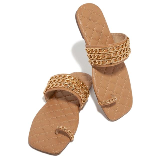 Women’s Summer Weave Chain Slide Sandals Square Heel Flip Flops