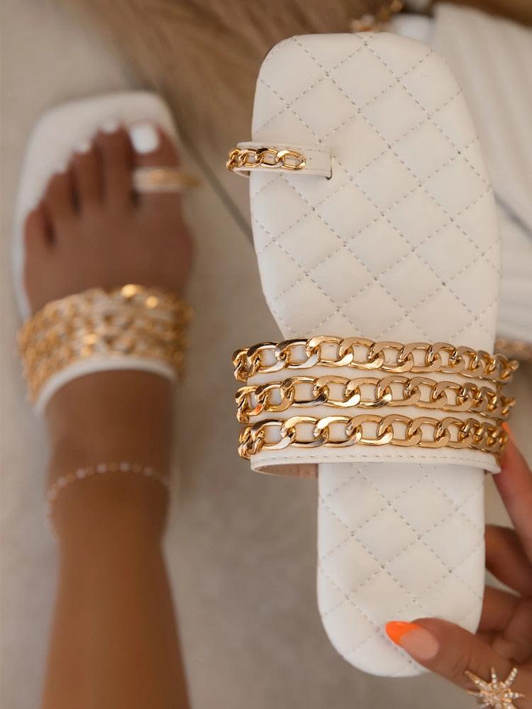 Women’s Summer Weave Chain Slide Sandals Square Heel Flip Flops