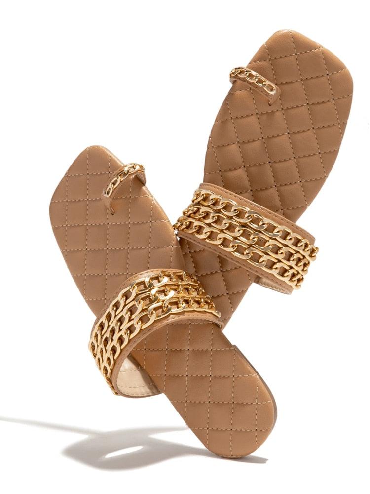Women’s Summer Weave Chain Slide Sandals Square Heel Flip Flops