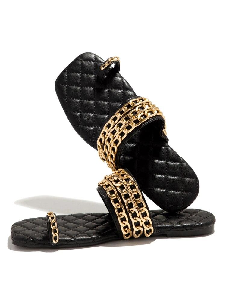 Women’s Summer Weave Chain Slide Sandals Square Heel Flip Flops