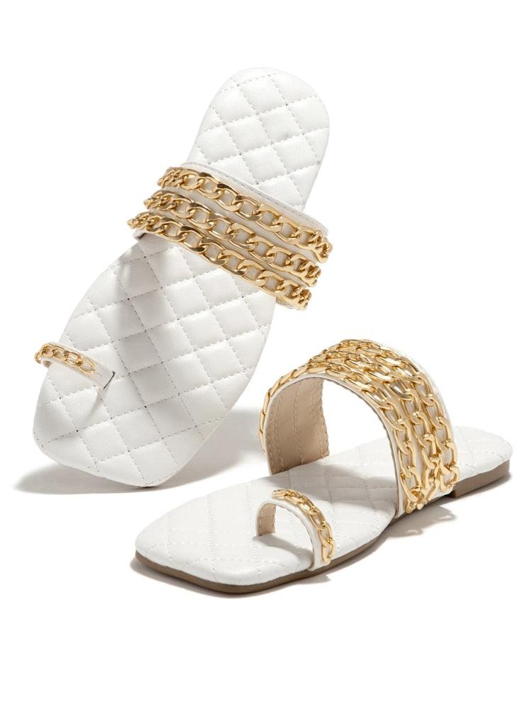 Women’s Summer Weave Chain Slide Sandals Square Heel Flip Flops