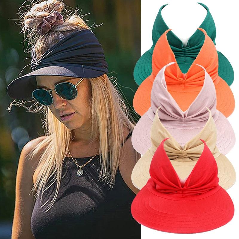 Elegant women's foldable sun visor hat in a hollow-top design for summer beach wear