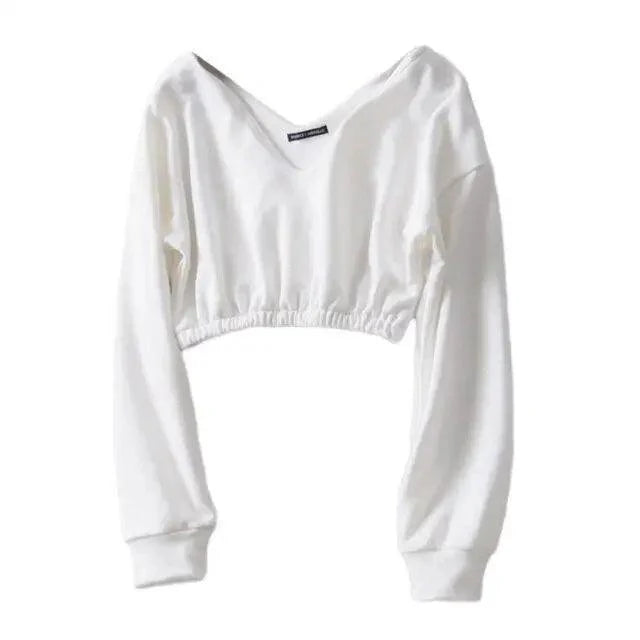 Deep V-Neck Cropped Long Sleeve Sweatshirt for Women
