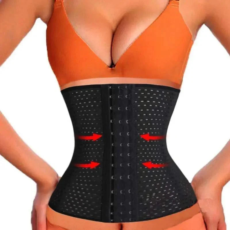 A minimalist black and beige women's waist cincher with hook-eye closure and steel boning