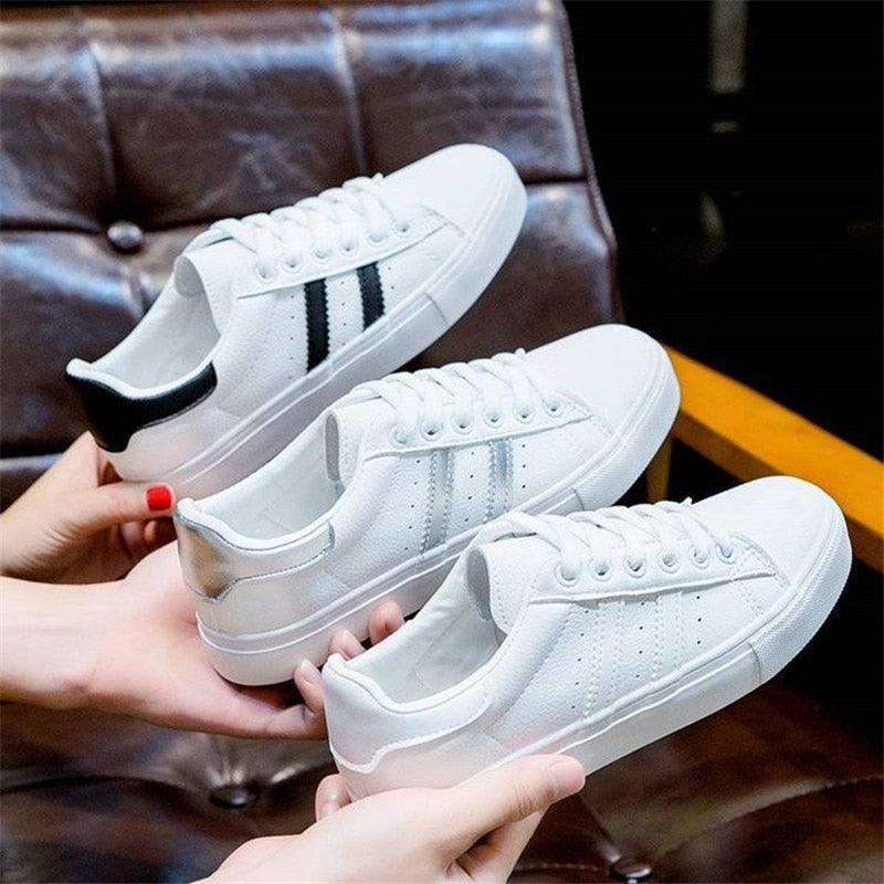 Women's White Casual Lace-Up Sneakers - Comfortable Eco Leather Flats