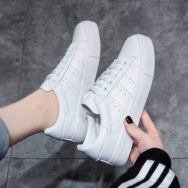 Women's White Casual Lace-Up Sneakers - Comfortable Eco Leather Flats