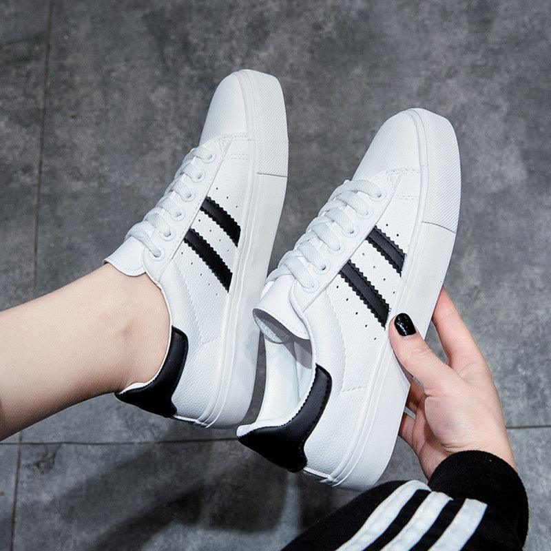 Women's White Casual Lace-Up Sneakers - Comfortable Eco Leather Flats