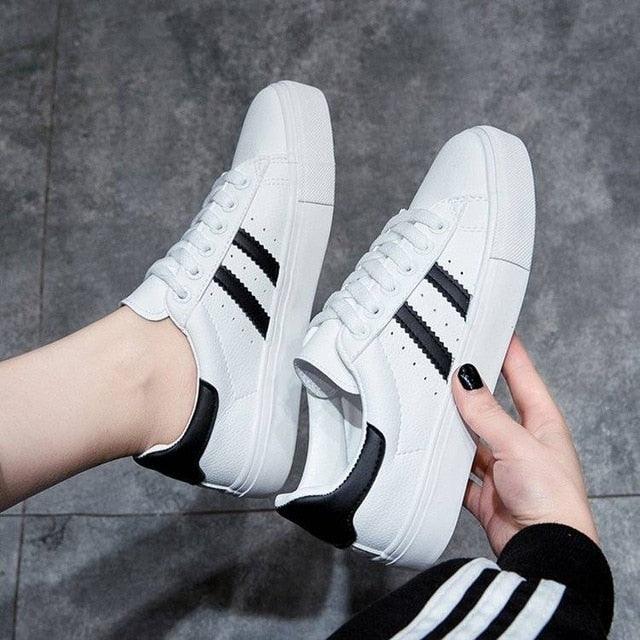 Women's White Casual Lace-Up Sneakers - Comfortable Eco Leather Flats