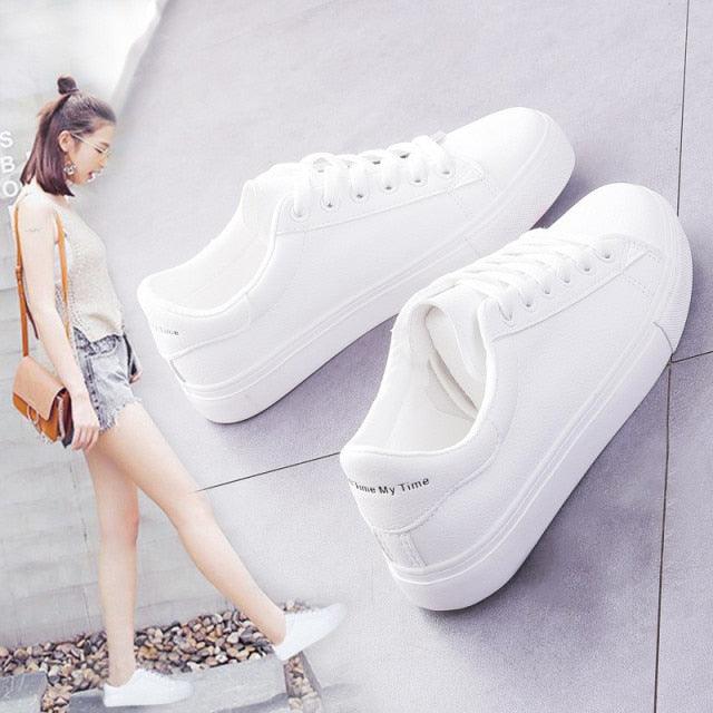 Women's Leather Platform White Sneakers Casual Lace-Up Flats