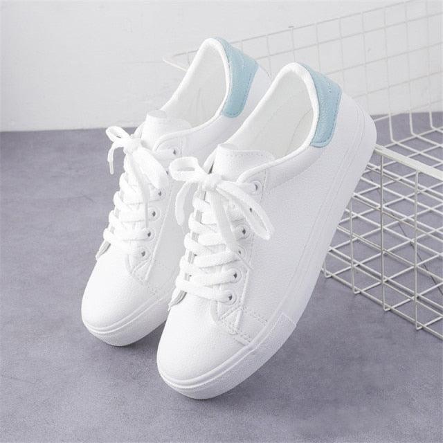 Women's Leather Platform White Sneakers Casual Lace-Up Flats