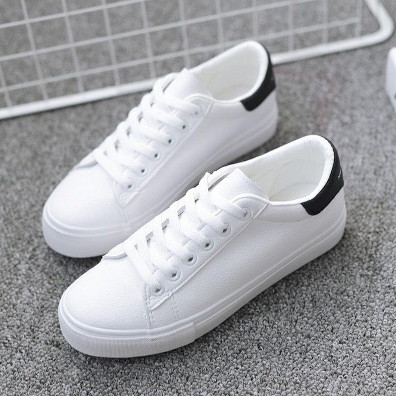 Women's Leather Platform White Sneakers Casual Lace-Up Flats