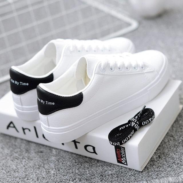 Women's Leather Platform White Sneakers Casual Lace-Up Flats