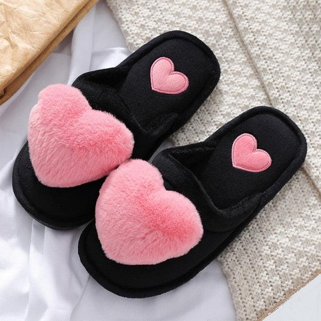 Plush Heart Slippers for Women & Girls - Soft Indoor House Shoes