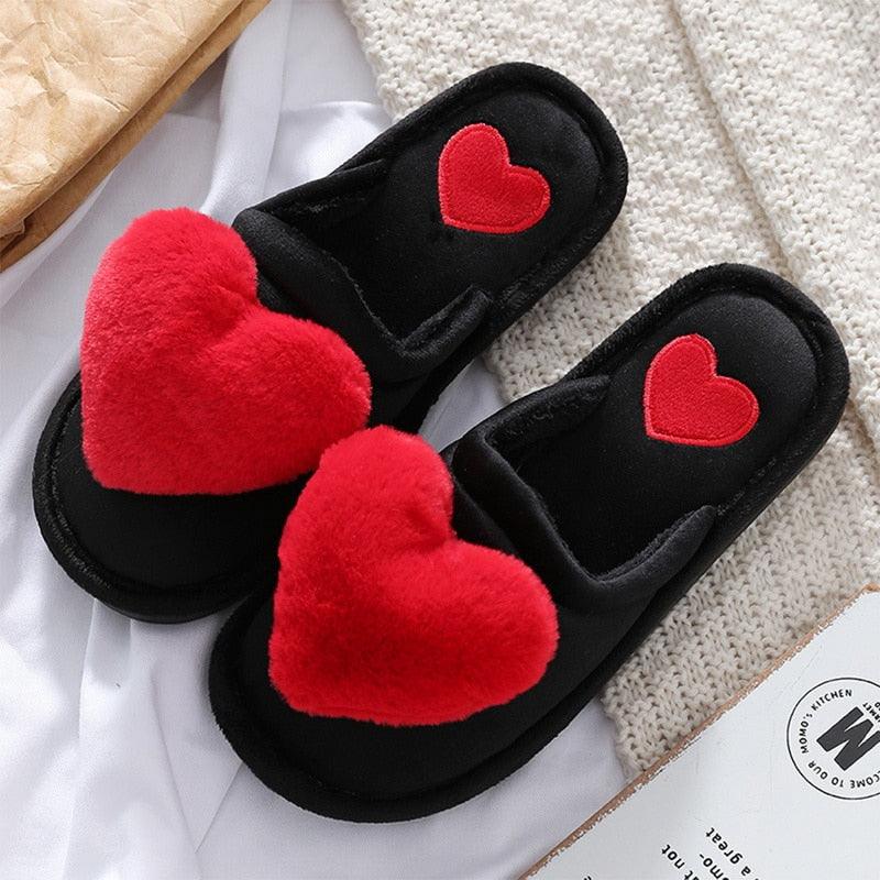 Plush Heart Slippers for Women & Girls - Soft Indoor House Shoes