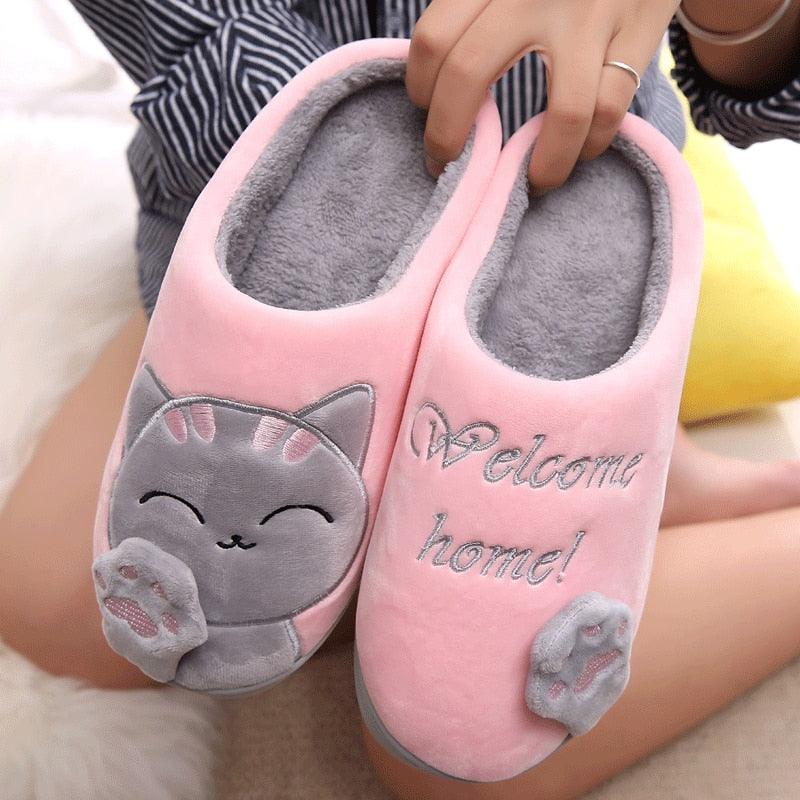 Women's Cat Face Furry Slippers – Soft Plush Warm House Shoes