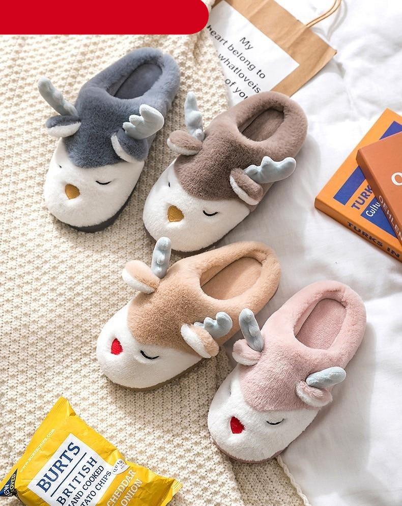Furry Deer Elk House Slippers Warm Non-Slip Indoor Bedroom Shoes