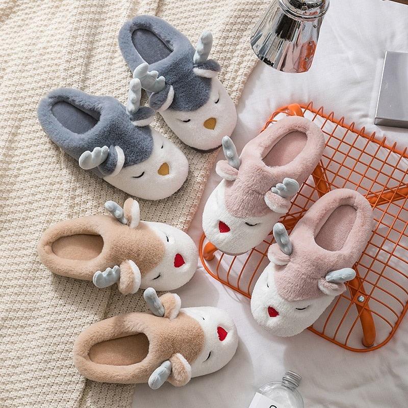 Furry Deer Elk House Slippers Warm Non-Slip Indoor Bedroom Shoes